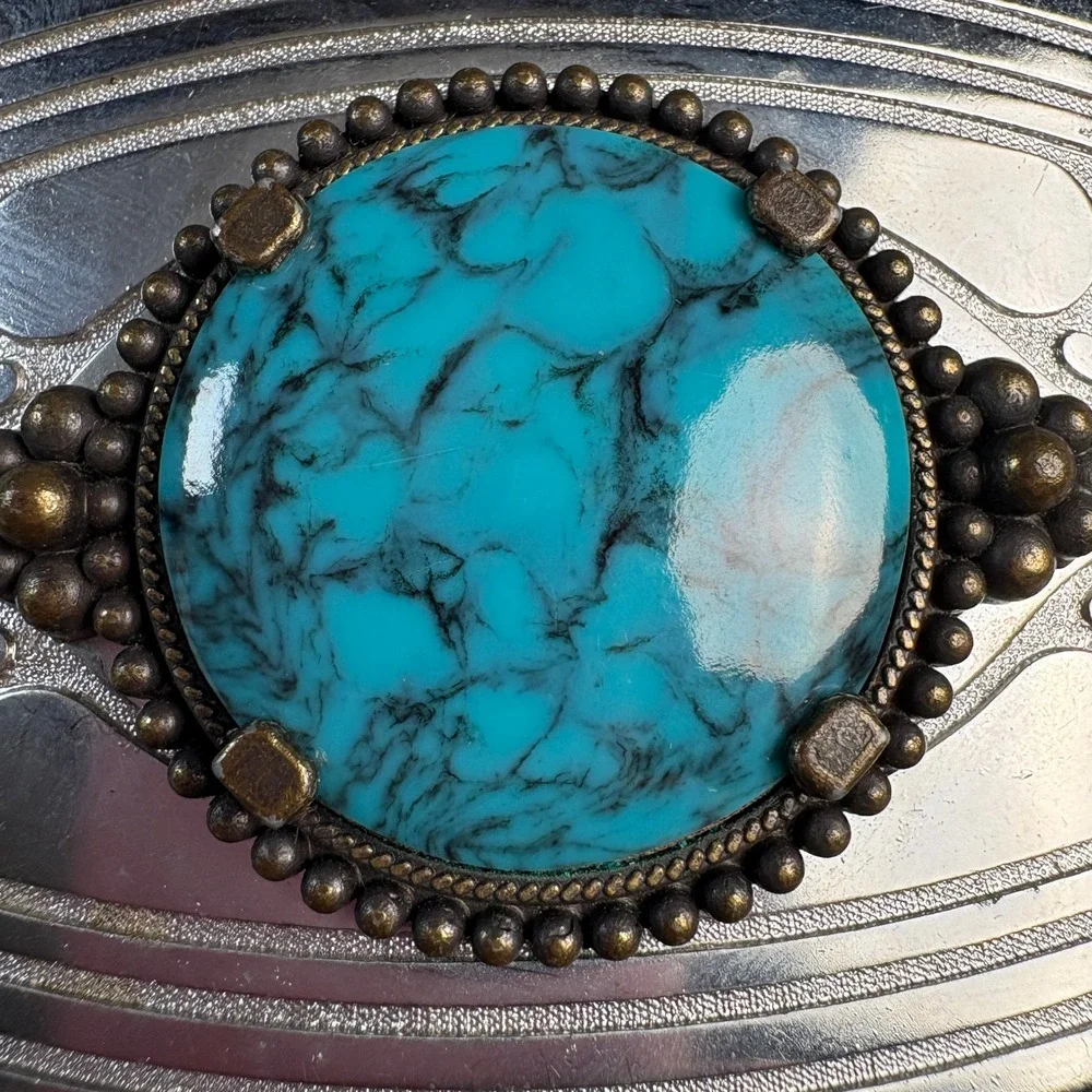 Western Turquoise Faux Stone Belt Buckle Silver Bronze Tone Scroll Etched Large